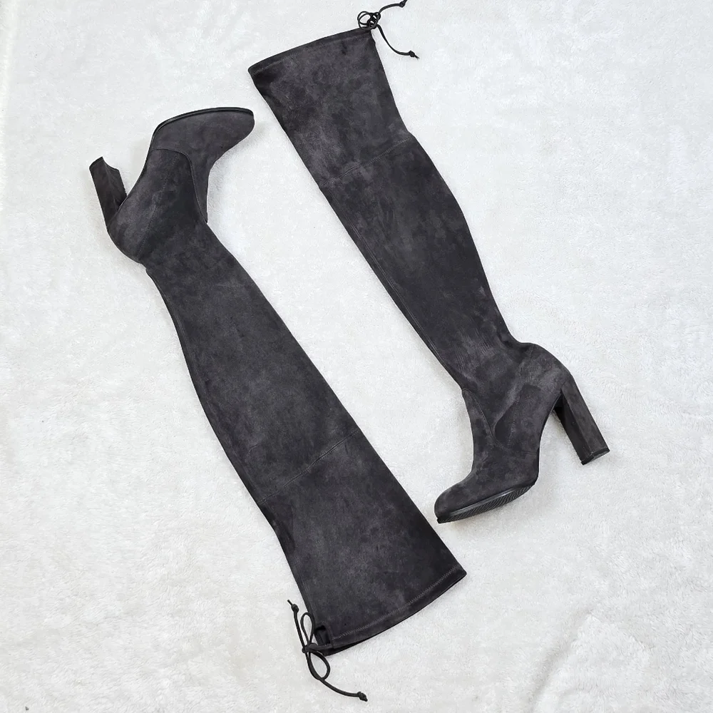 Stuart Weitzman Highland Gray Suede Over-The-Knee OTK Block Heel Boots 8.5